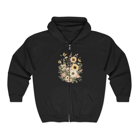 Floral Bouquet Zip Hoodie — Vintage Sunflowers & Daisies Chest Print