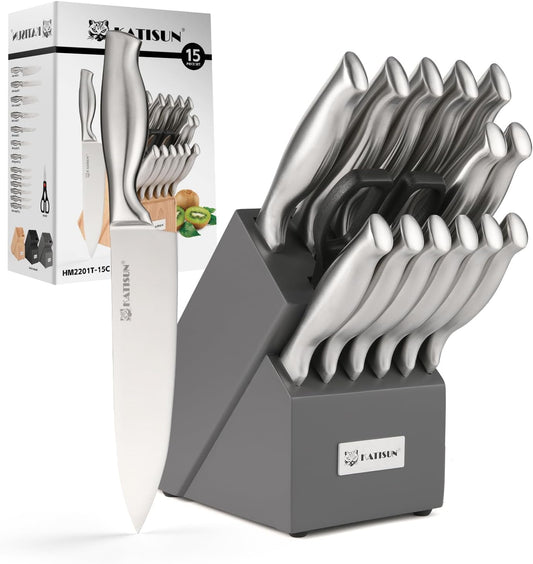 15 Piece Kitchen Knife Set with Block - Stainless Steel Chef Knives & Shears