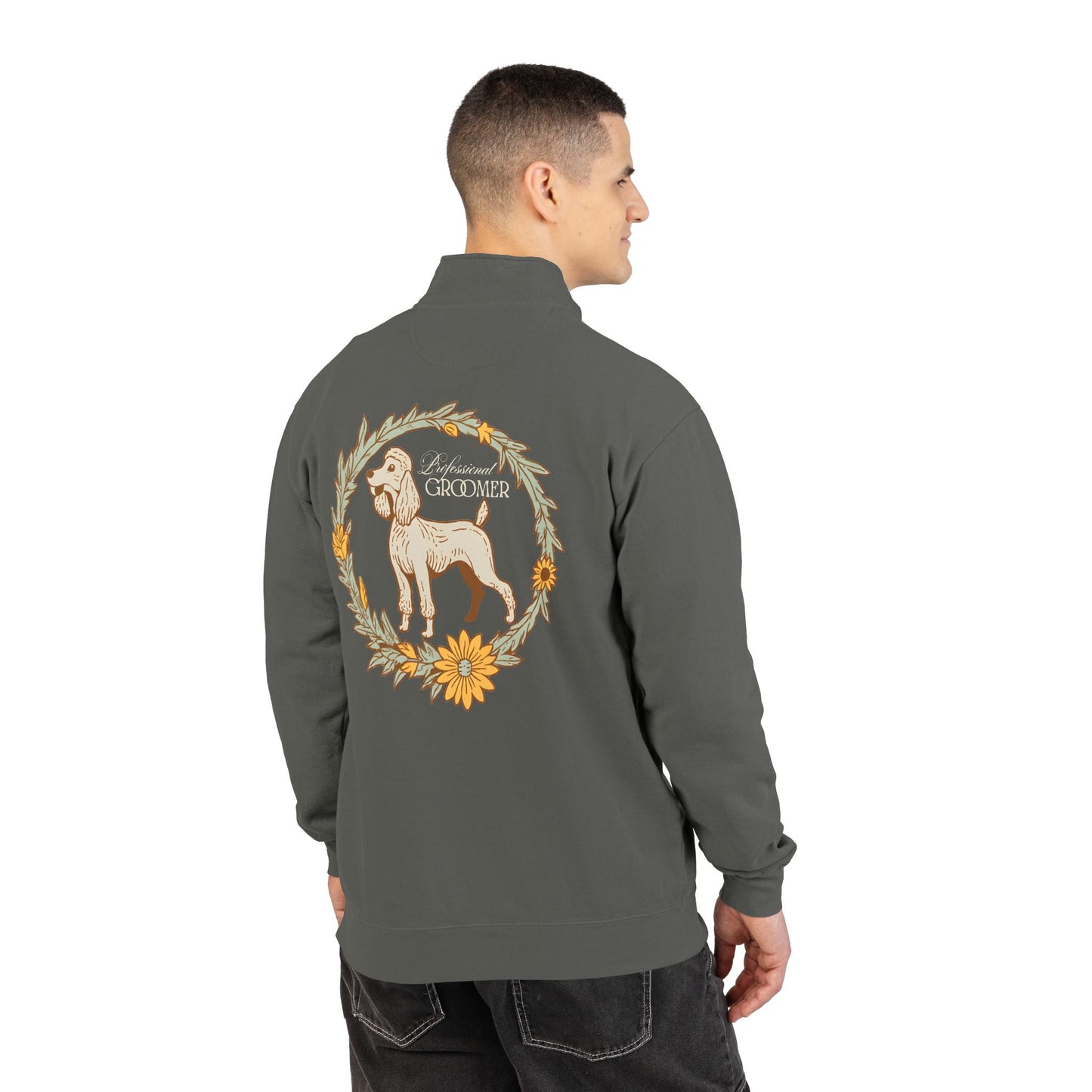 Groomer Dog Quarter-Zip Sweatshirt — Floral Veterinary Pet Grooming Pullover