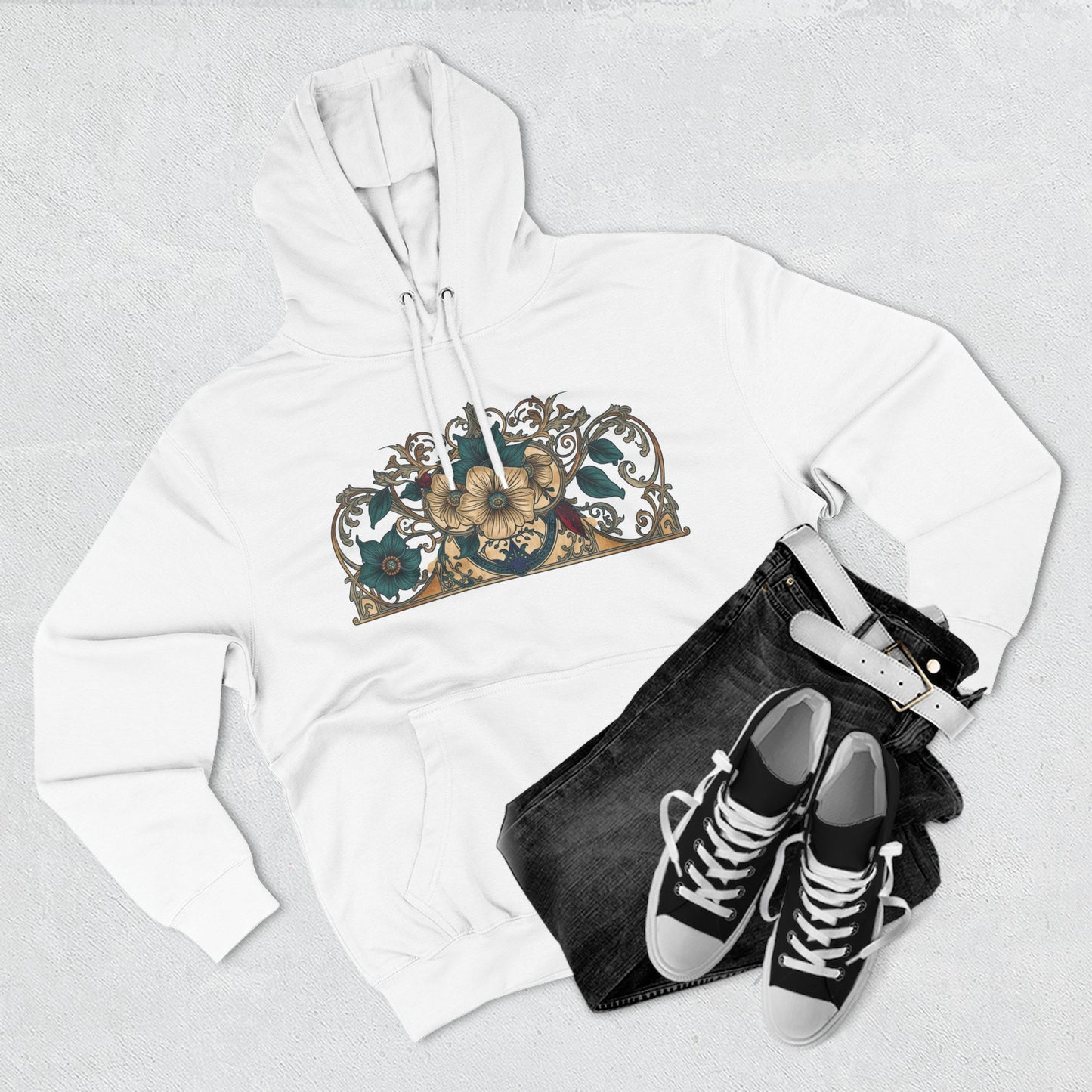 Floral Baroque Crest Hoodie | Vintage Ornate Flower Panel