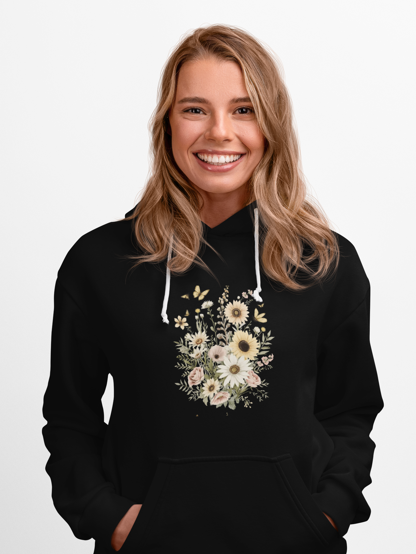 Floral Bouquet Zip Hoodie — Vintage Sunflowers & Daisies Chest Print