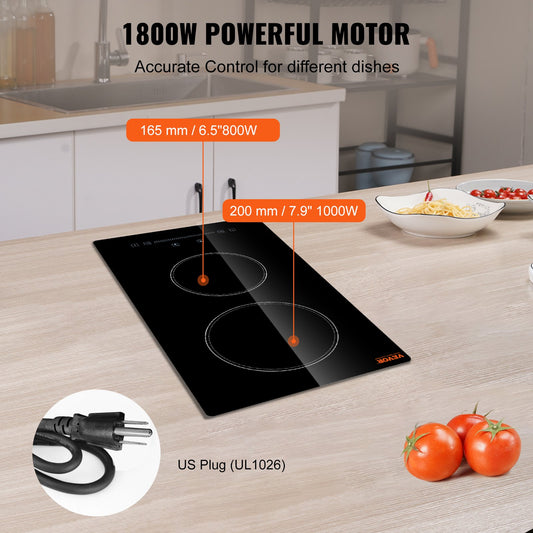 Built-In Electric Cooktop 2 Burner - 20" Glass Radiant Stovetop with Sensor Touch Control & Timer