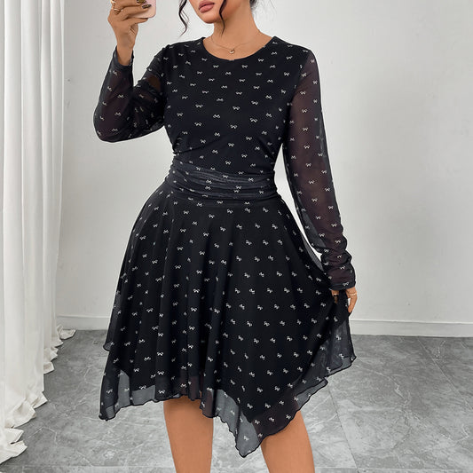 Bow Print Dress A line Little Black Dress Slimming Hepburn Chiffon Dress