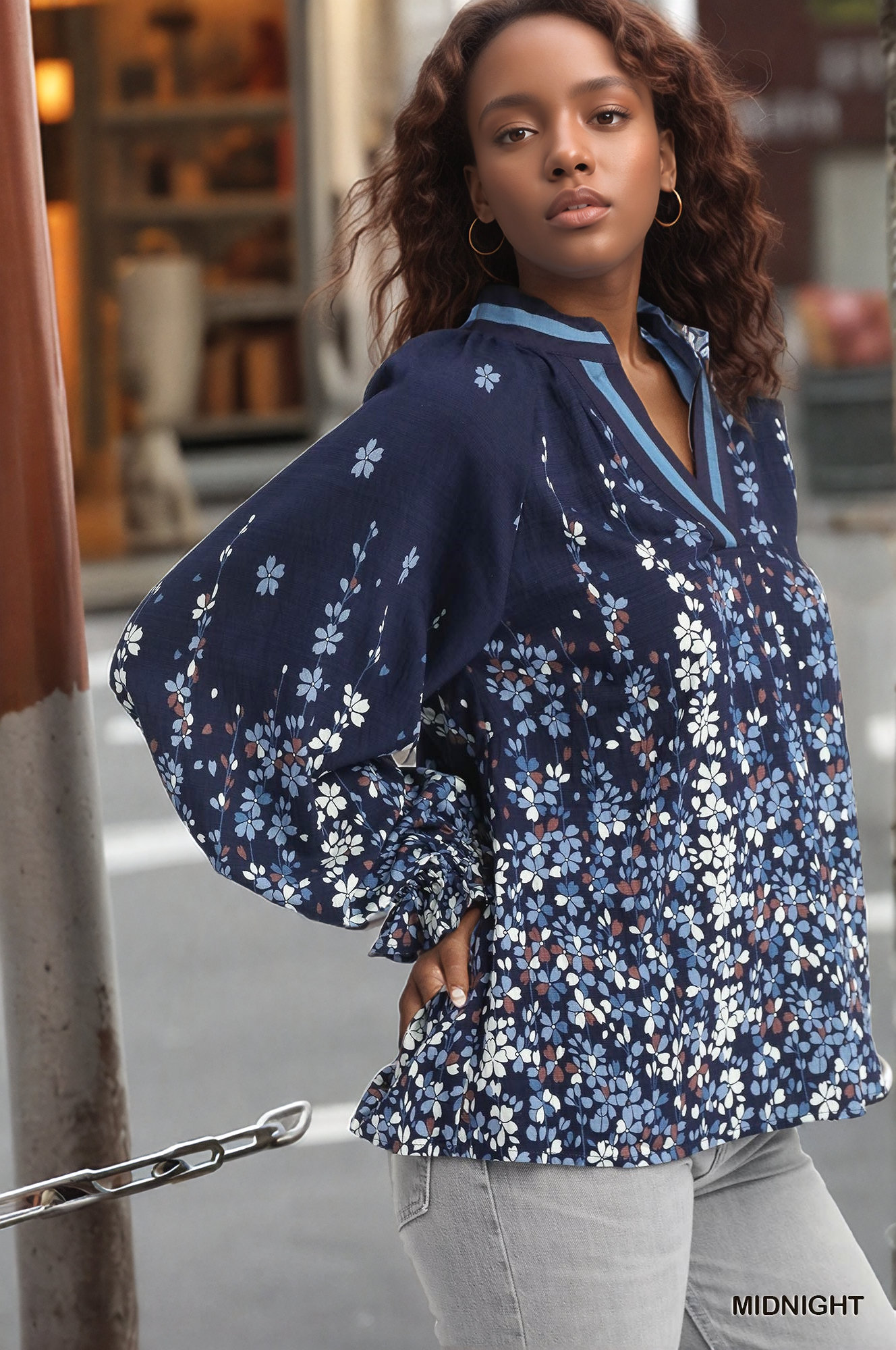 Umgee Plus Size Floral Vine Print Blouse - Women's Balloon Sleeve Top | Smocked Boho Romantic Blouse