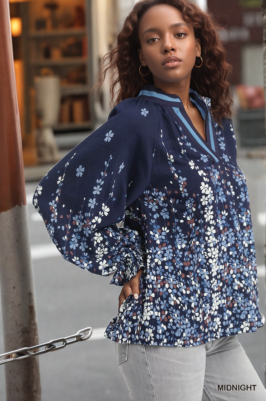 Umgee Plus Size Floral Vine Print Blouse - Women's Balloon Sleeve Top | Smocked Boho Romantic Blouse