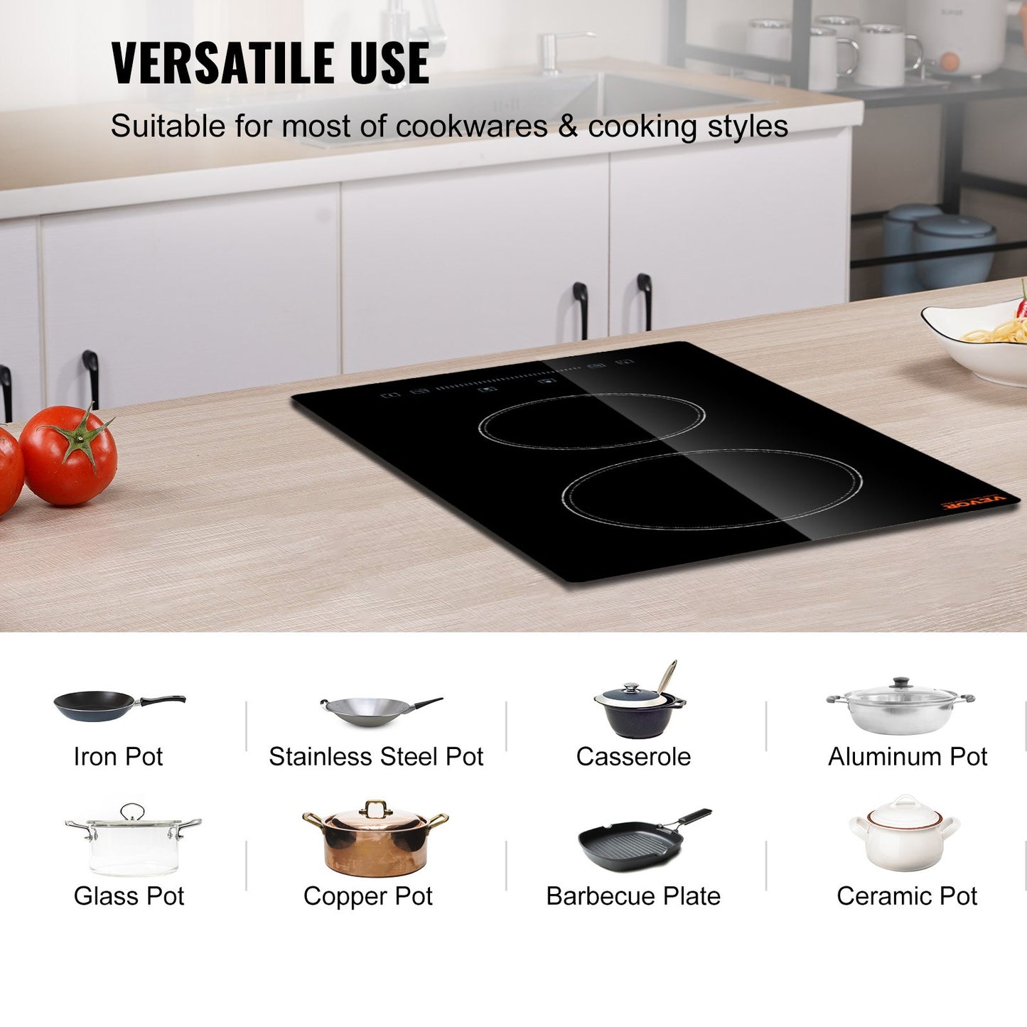 Built-In Electric Cooktop 2 Burner - 20" Glass Radiant Stovetop with Sensor Touch Control & Timer