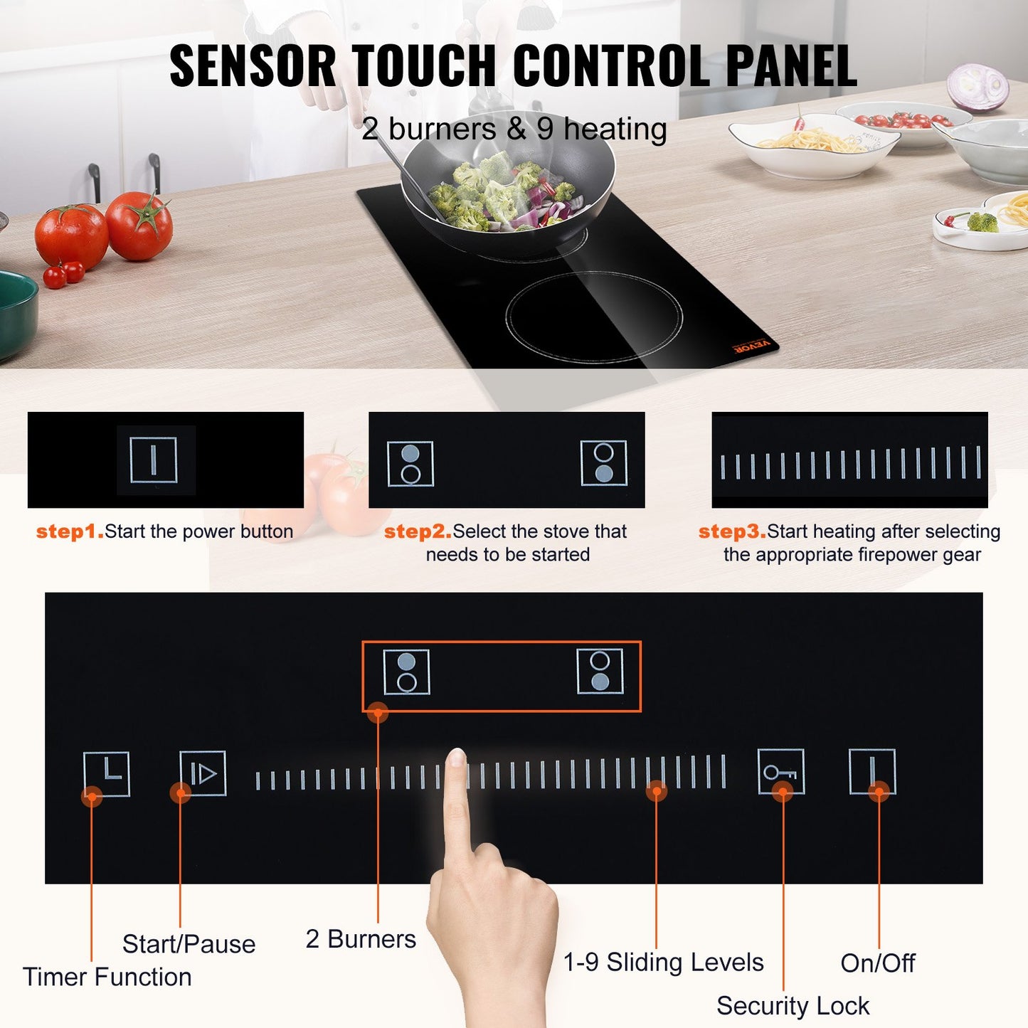 Built-In Electric Cooktop 2 Burner - 20" Glass Radiant Stovetop with Sensor Touch Control & Timer